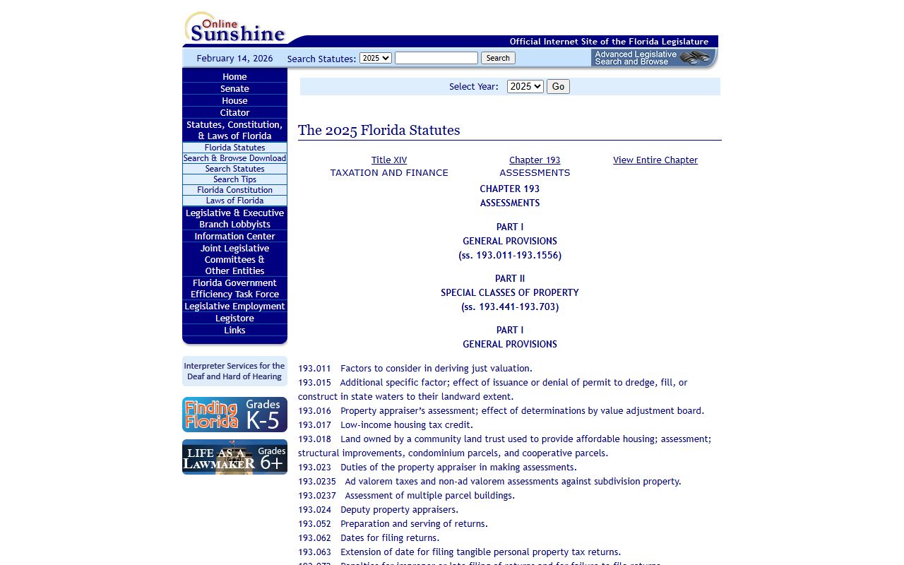 Florida Statute Chapter 193 covering Save Our Homes and assessment rules