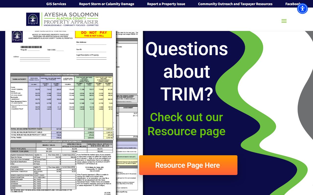 Alachua County Property Appraiser website showing property search tools
