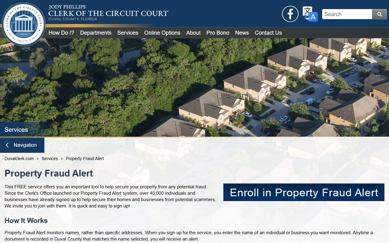 Duval Clerk Property Fraud Alert sign-up page