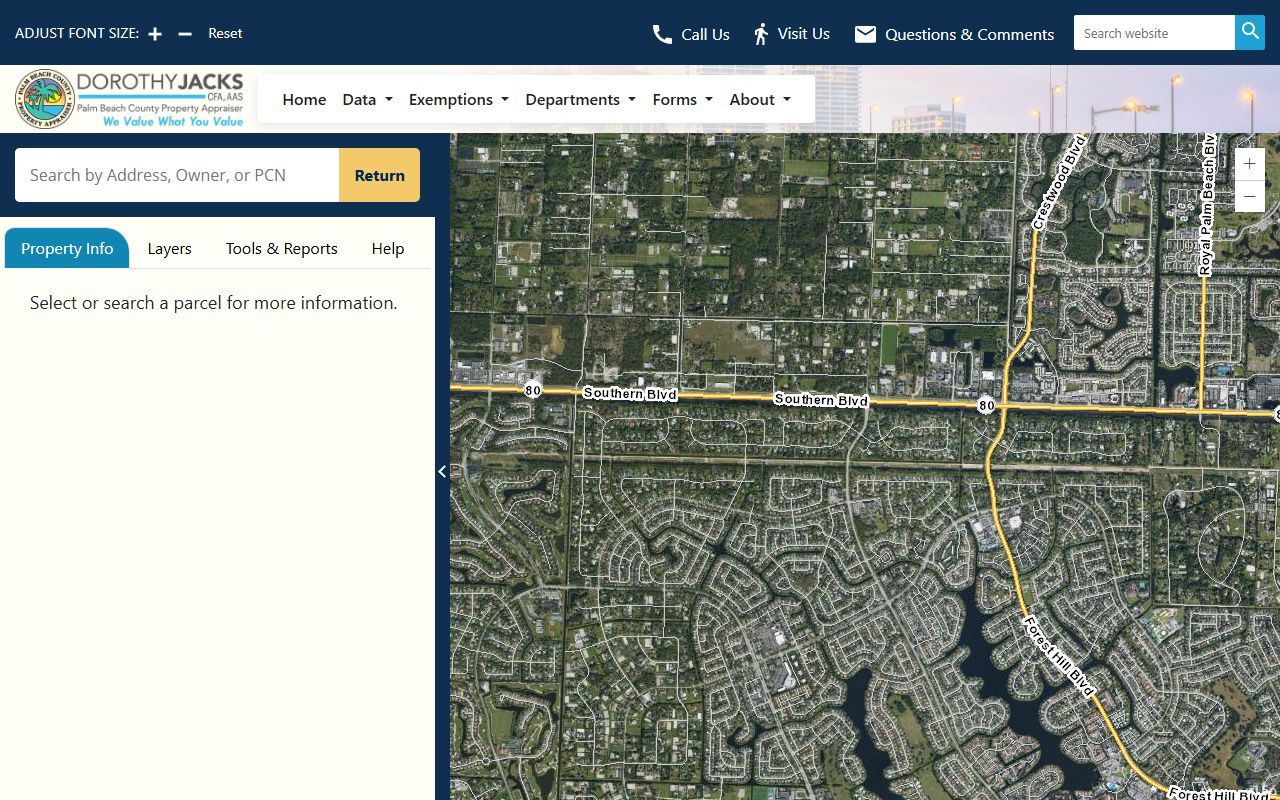 Palm Beach County GIS map search tool showing parcel boundaries and property tax data