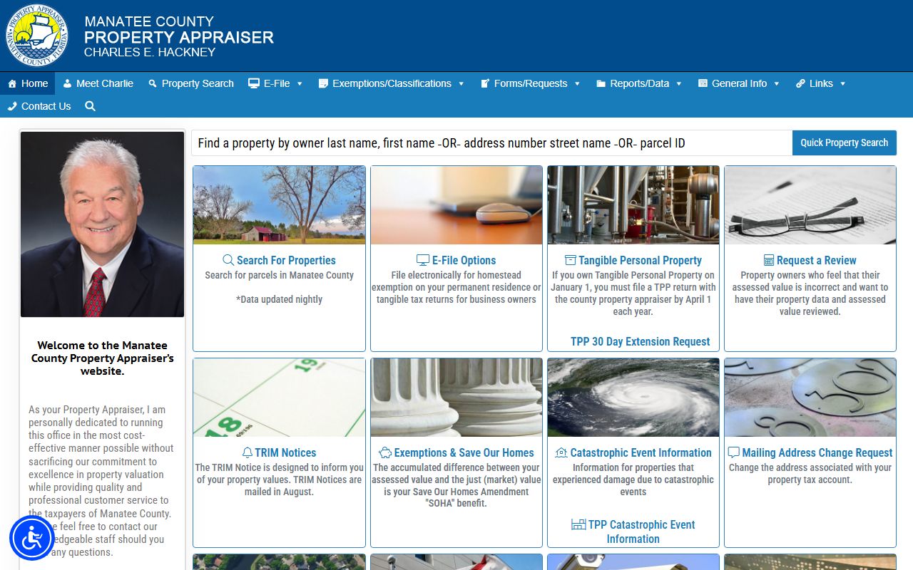 Manatee County Property Appraiser website showing property search tools