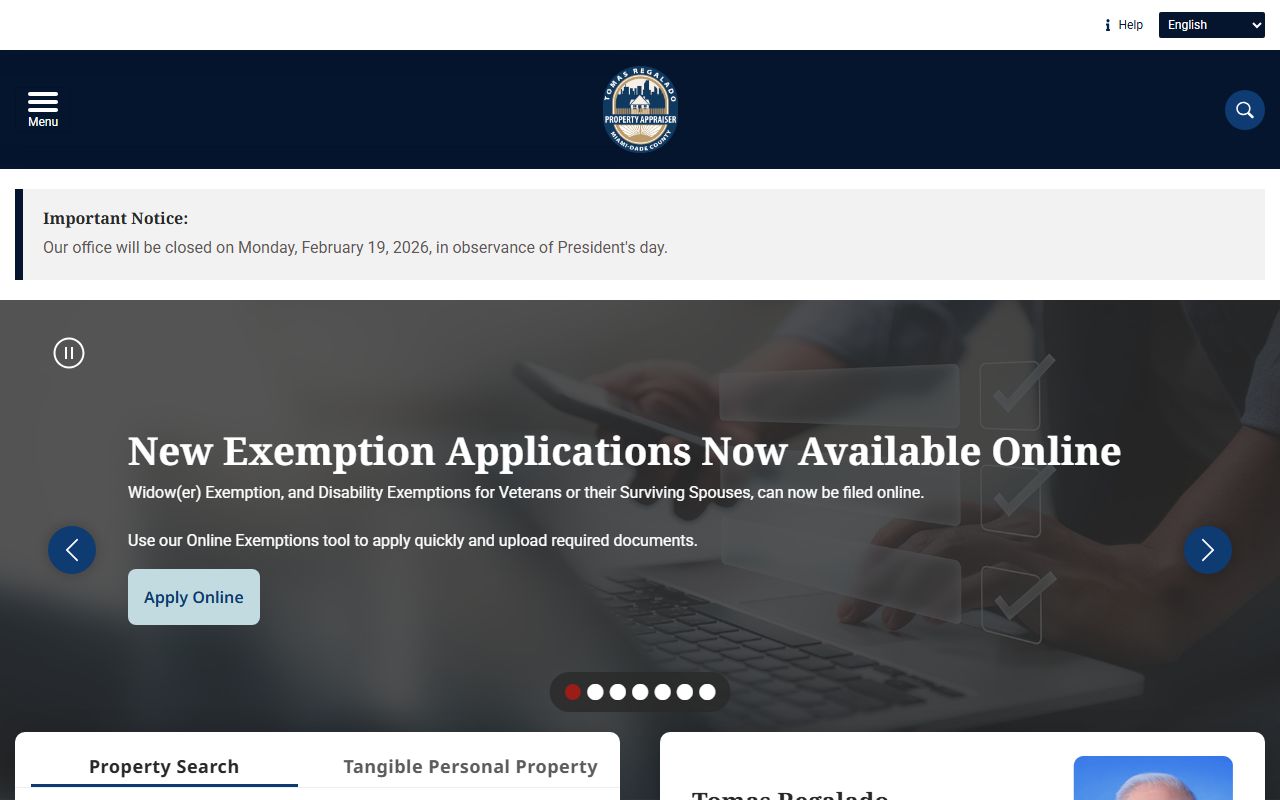 Miami-Dade Property Appraiser official website showing property search tools