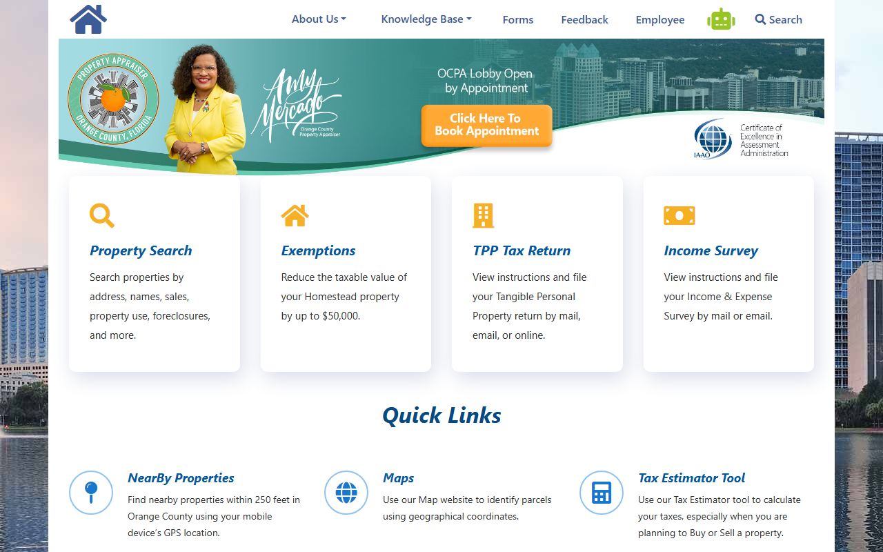 Orange County Property Appraiser website showing property search interface and navigation