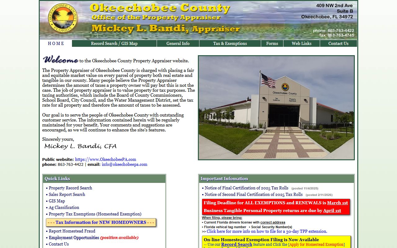 Okeechobee County Property Appraiser website showing property search and navigation menu