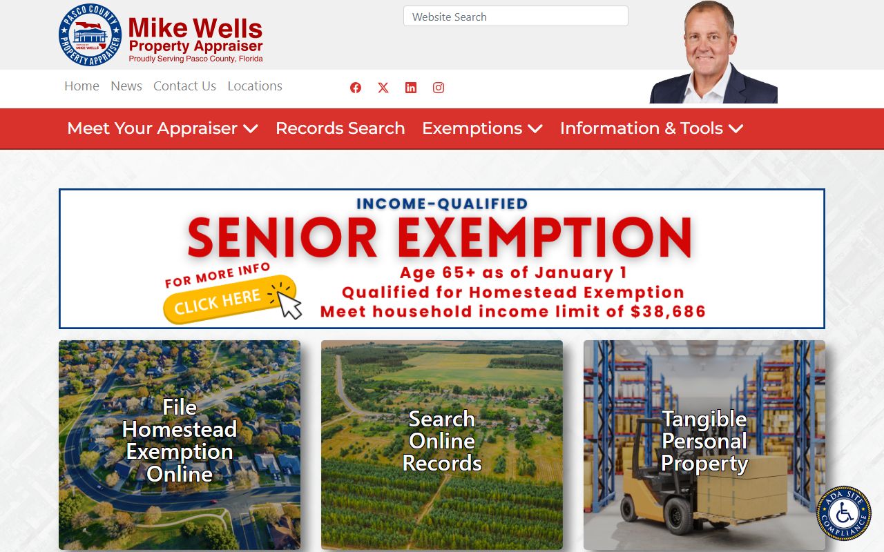 Pasco County Property Appraiser website showing property tax records search tools