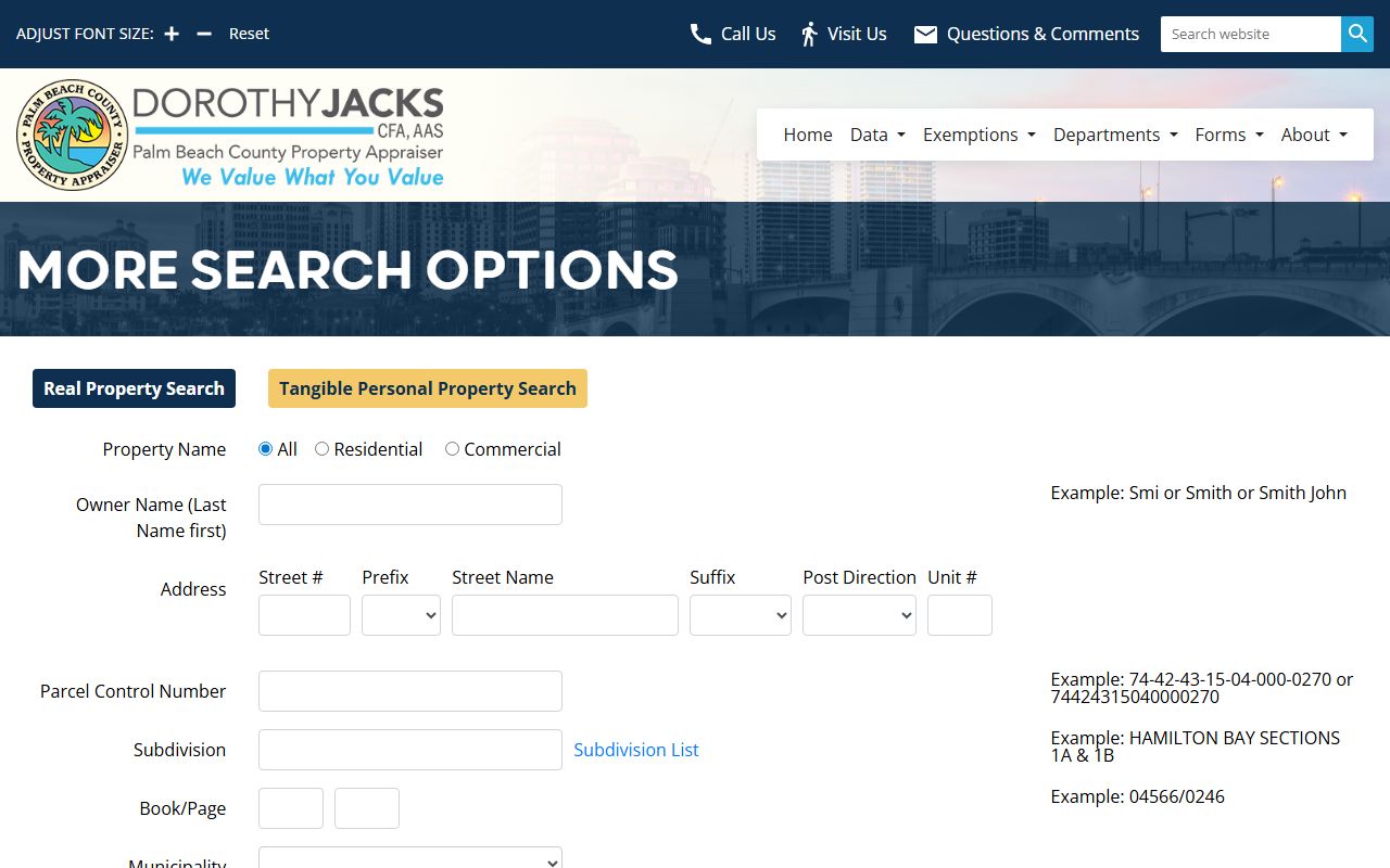 Palm Beach County Property Appraiser advanced property search interface