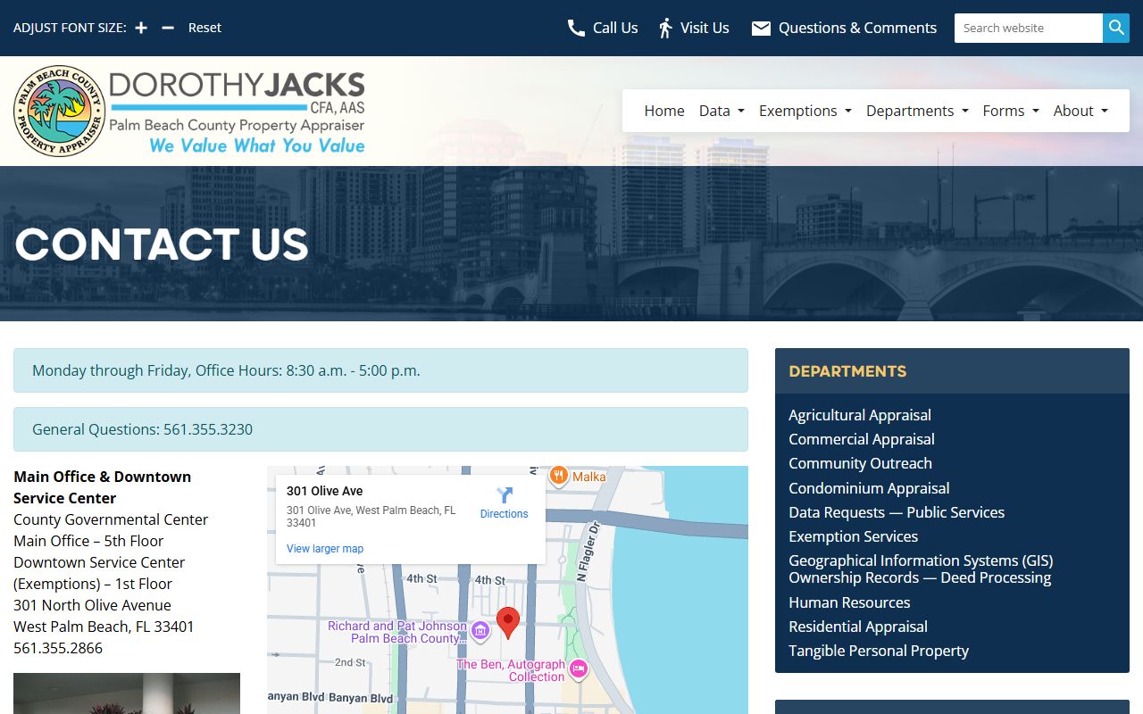 Palm Beach County Property Appraiser contact page for assessment and tax record inquiries