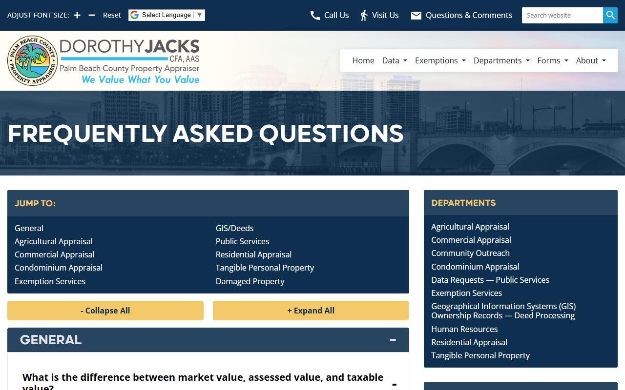 Palm Beach County Property Appraiser FAQ page addressing property tax and assessment questions