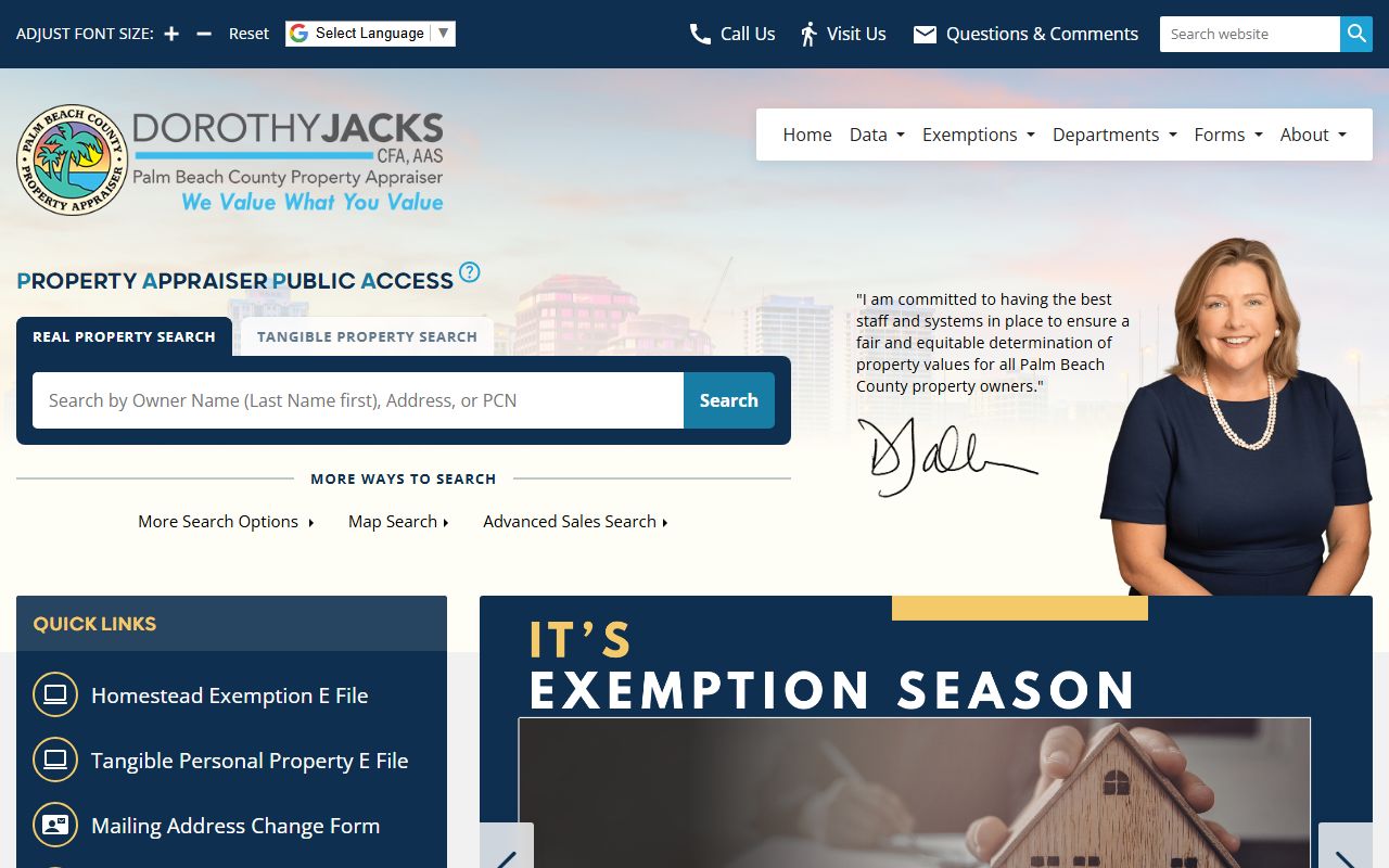 Palm Beach County Property Appraiser homepage with navigation to tax records and property search