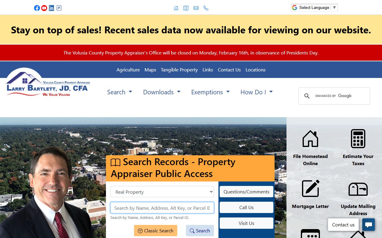 Volusia County Property Appraiser website showing parcel search tools