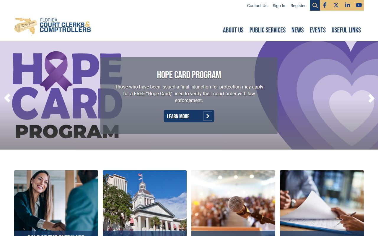 Florida Court Clerks and Comptrollers website showing county clerk directory for tax deed and VAB records