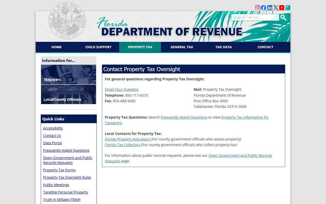 Florida Department of Revenue contact page for property tax oversight division