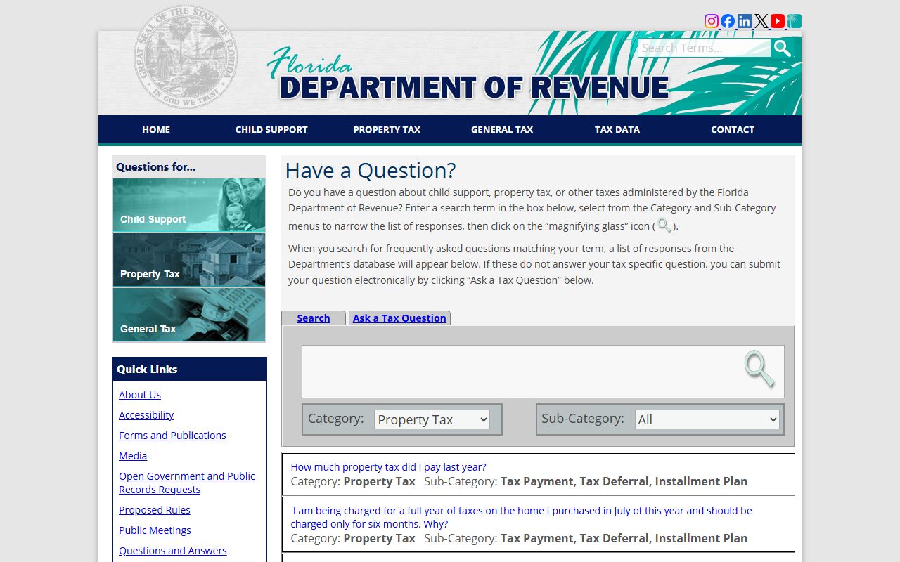 Florida Department of Revenue property tax FAQ page covering common taxpayer questions
