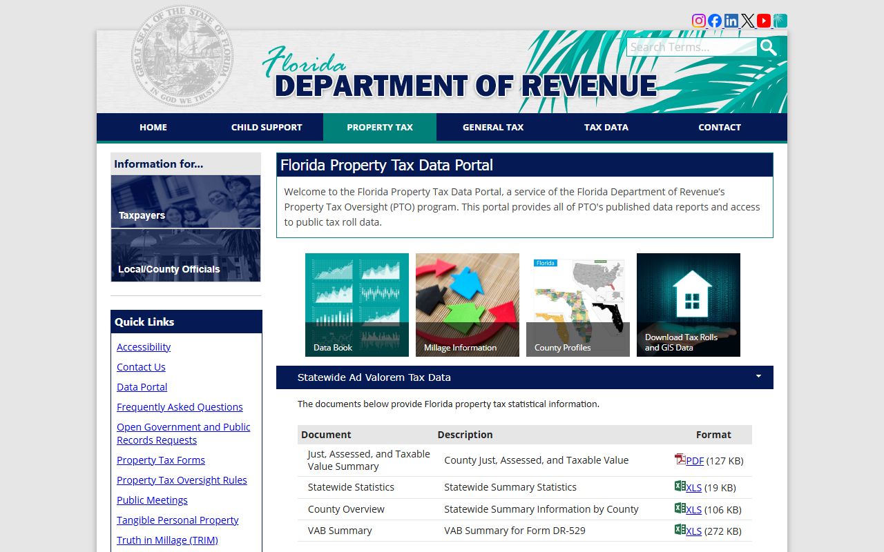 Florida Property Tax Data Portal showing published reports and county tax roll data