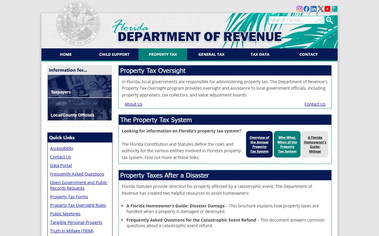 Florida Department of Revenue Property Tax Oversight homepage showing state oversight resources