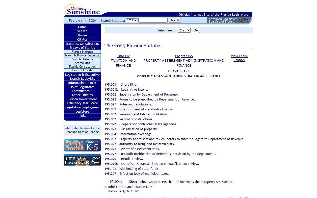 Chapter 195 Florida Statutes covering Department of Revenue oversight of county assessment rolls