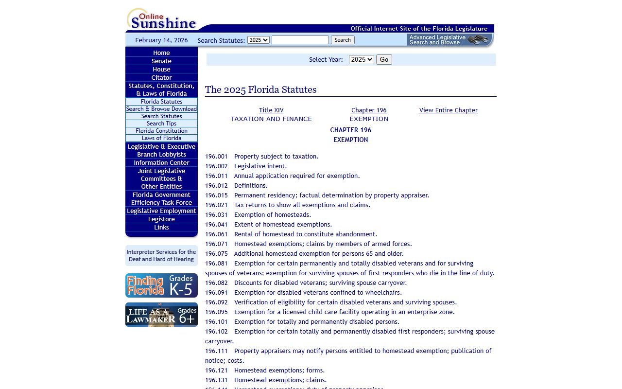 Chapter 196 Florida Statutes covering property tax exemptions including homestead