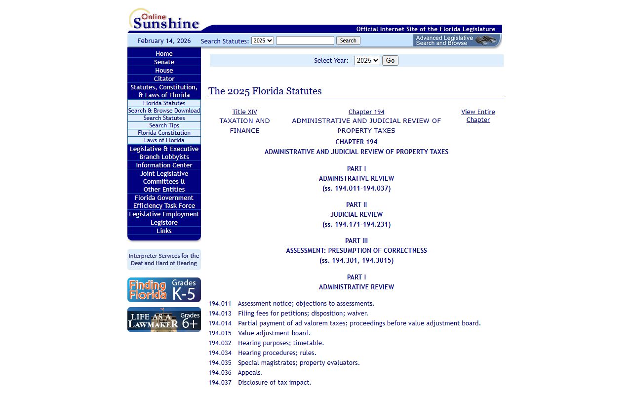 Chapter 194 Florida Statutes covering property assessment appeals and Value Adjustment Board procedures
